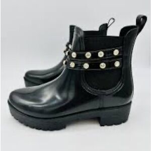 Mari A rhinestone Women’s Black puddle Chelsea rain Booties with Lug Sole